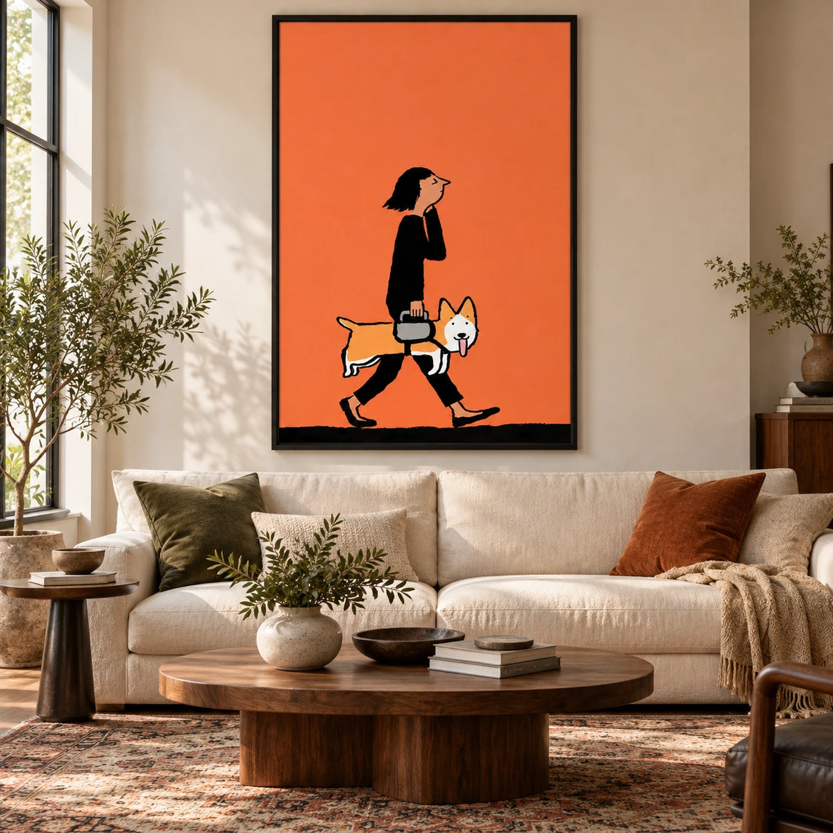 Whimsical Woman and Corgi Oil Painting | Orange Figurative Dog Wall Art #OA 1617
