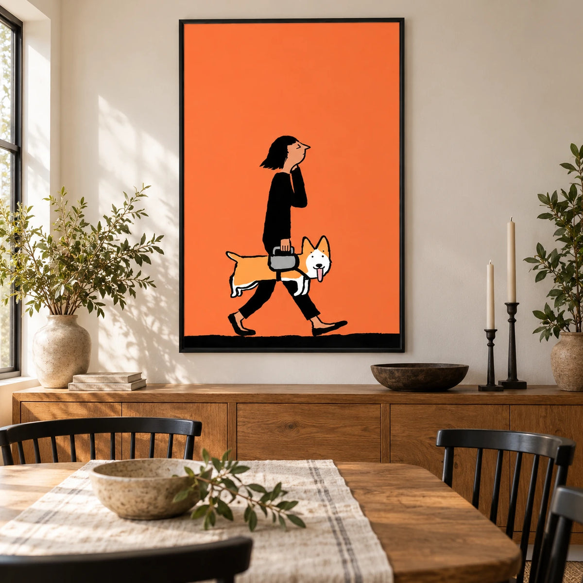Whimsical Woman and Corgi Oil Painting | Orange Figurative Dog Wall Art #OA 1617