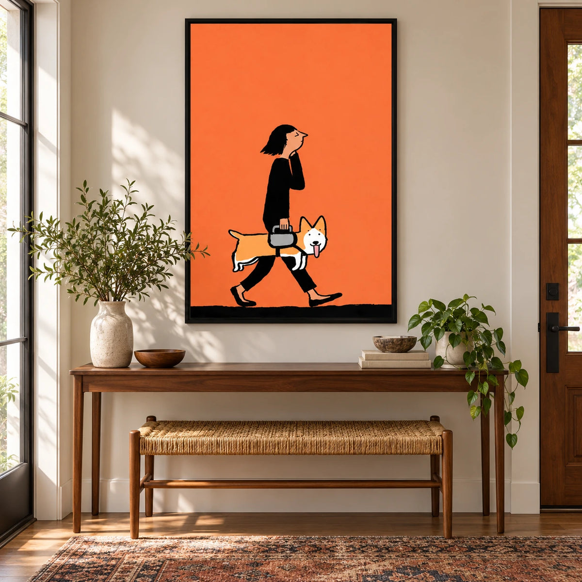 Whimsical Woman and Corgi Oil Painting | Orange Figurative Dog Wall Art #OA 1617