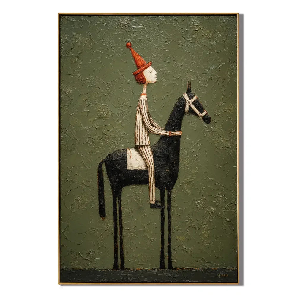 Whimsical Equestrian Hand-Painted Oil Painting, Textured Horse Rider Wall Art for Modern Eclectic Decor #OA 0987