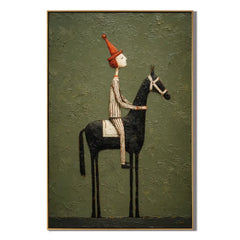 Whimsical Equestrian Hand-Painted Oil Painting, Textured Horse Rider Wall Art for Modern Eclectic Decor #OA 0987