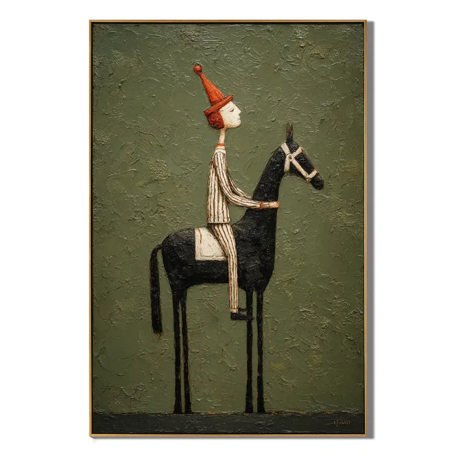 Whimsical Equestrian Hand-Painted Oil Painting, Textured Horse Rider Wall Art for Modern Eclectic Decor #OA 0987