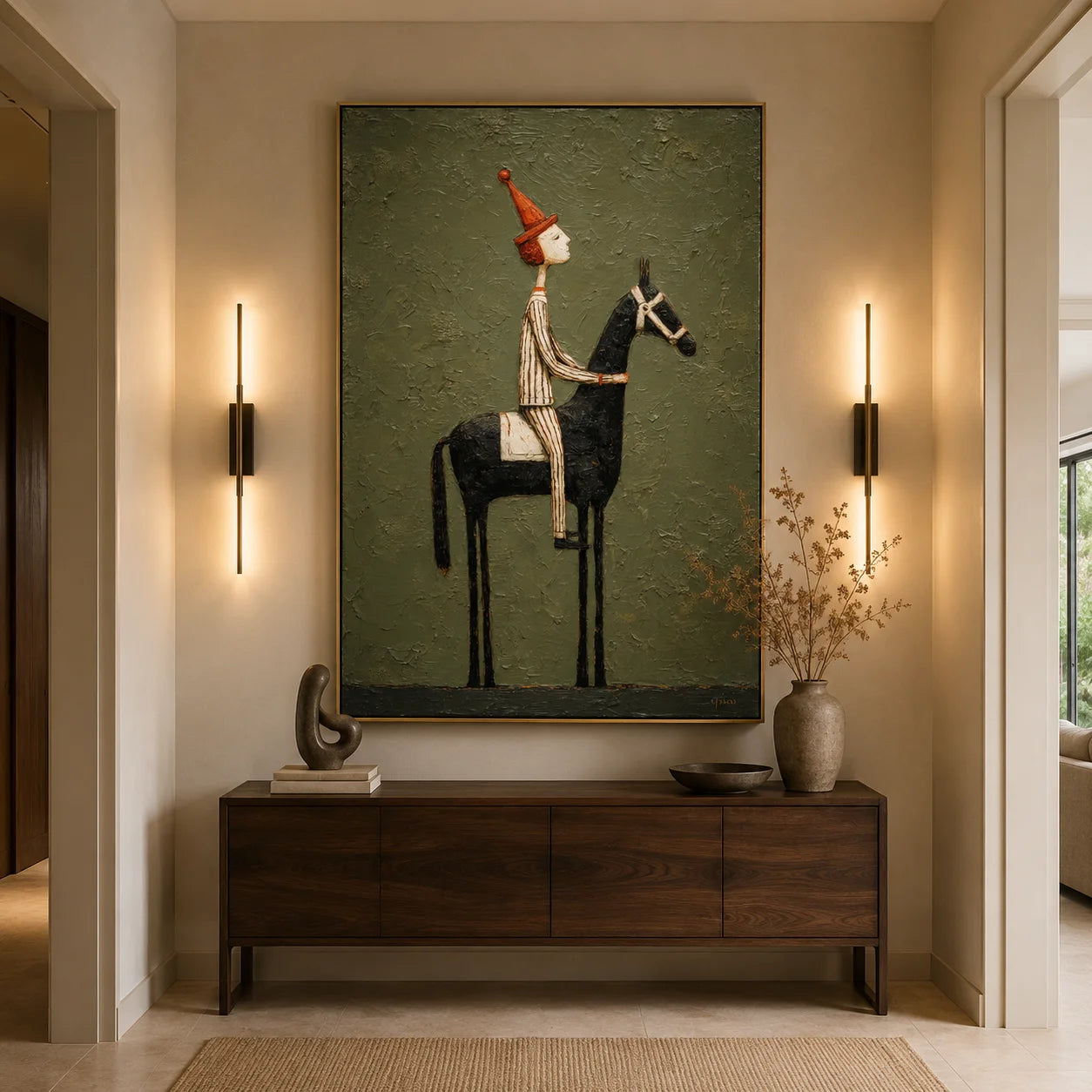 Whimsical Equestrian Hand-Painted Oil Painting, Textured Horse Rider Wall Art for Modern Eclectic Decor