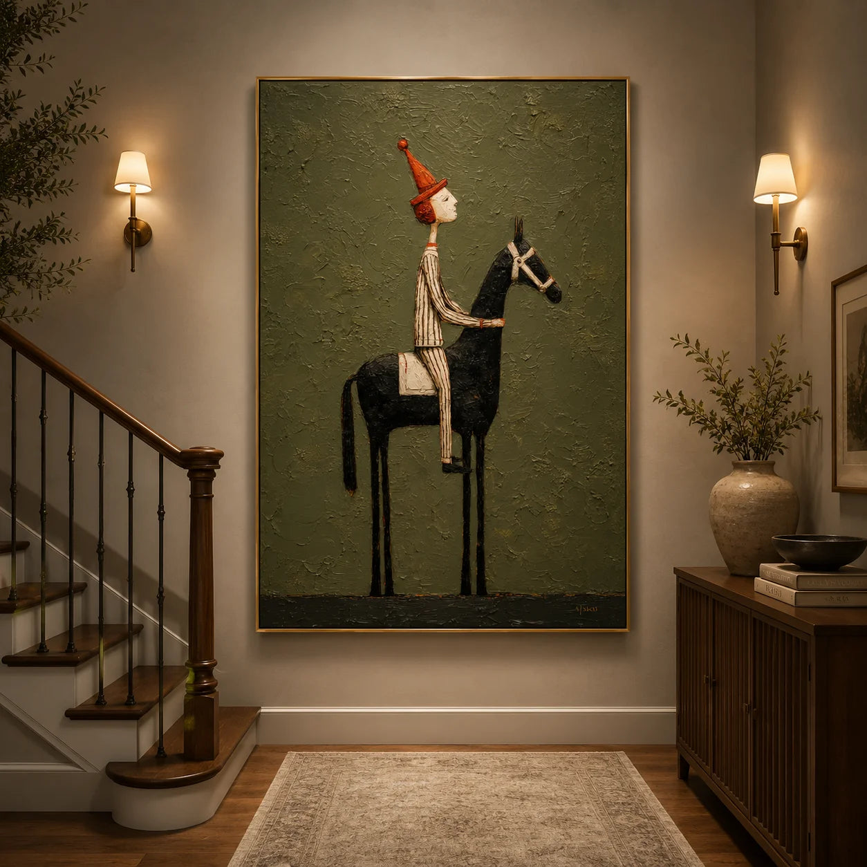 Whimsical Equestrian Hand-Painted Oil Painting, Textured Horse Rider Wall Art for Modern Eclectic Decor