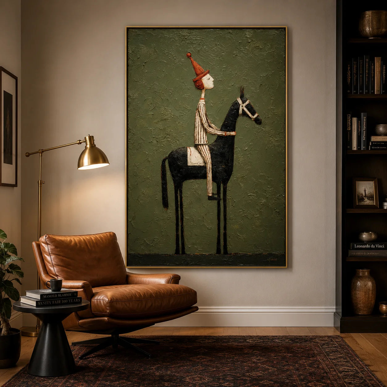 Whimsical Equestrian Hand-Painted Oil Painting, Textured Horse Rider Wall Art for Modern Eclectic Decor