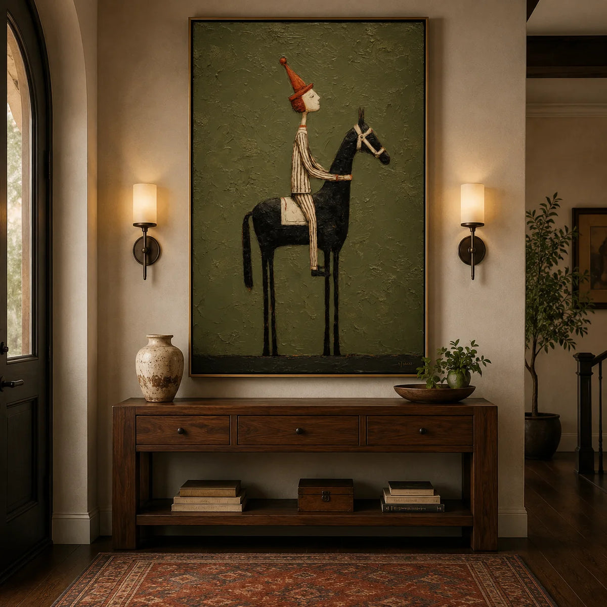 Whimsical Equestrian Hand-Painted Oil Painting, Textured Horse Rider Wall Art for Modern Eclectic Decor #OA 0987