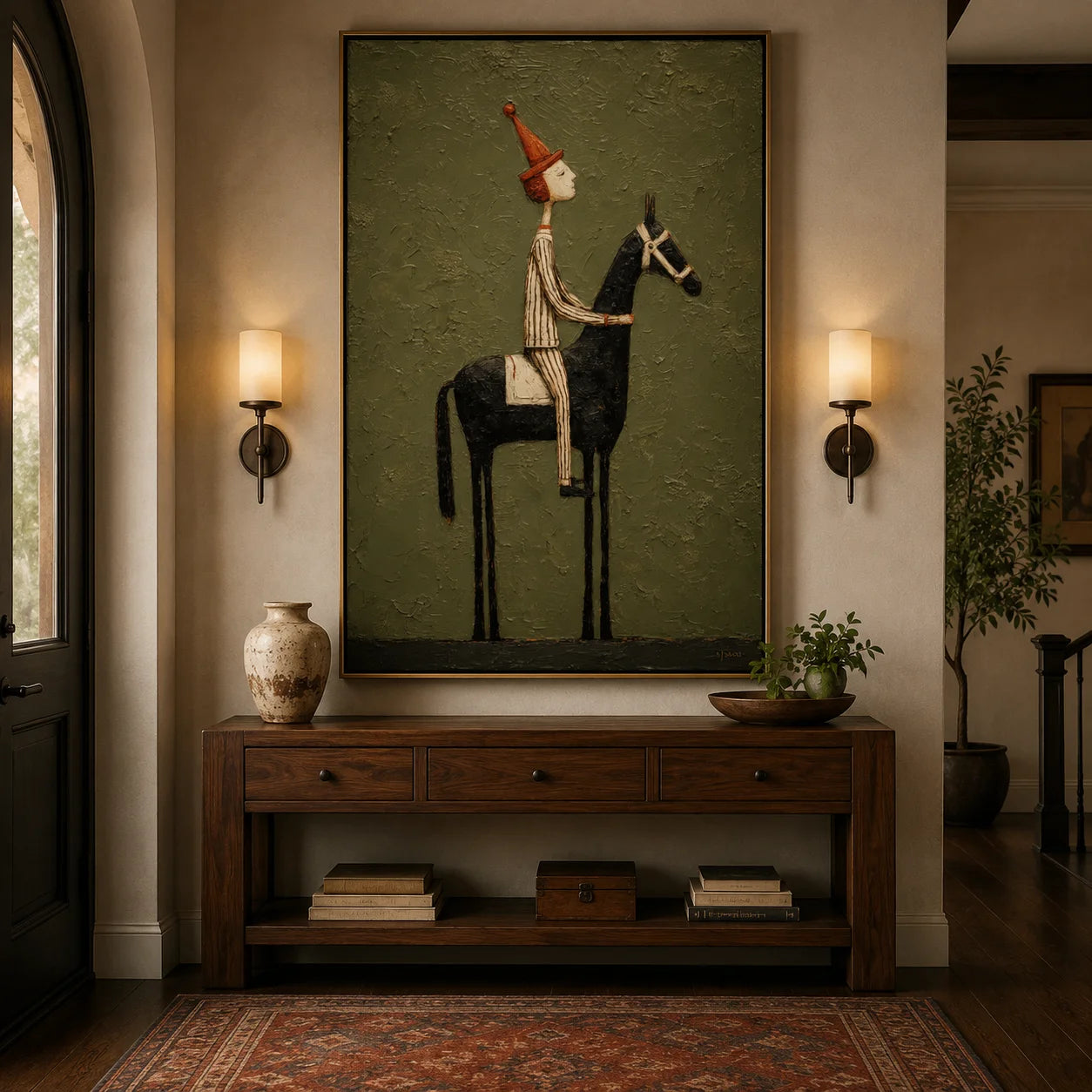 Whimsical Equestrian Hand-Painted Oil Painting, Textured Horse Rider Wall Art for Modern Eclectic Decor
