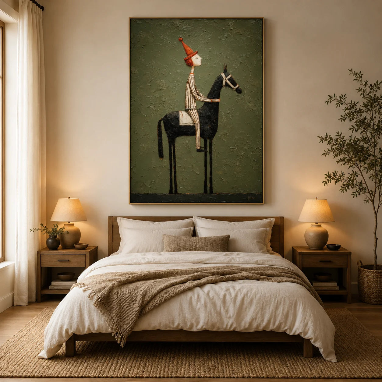 Whimsical Equestrian Hand-Painted Oil Painting, Textured Horse Rider Wall Art for Modern Eclectic Decor