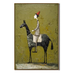 Whimsical Horse Rider Hand-Painted Oil Painting, Textured Green Wall Art for Eclectic Home Decor #OA 0986