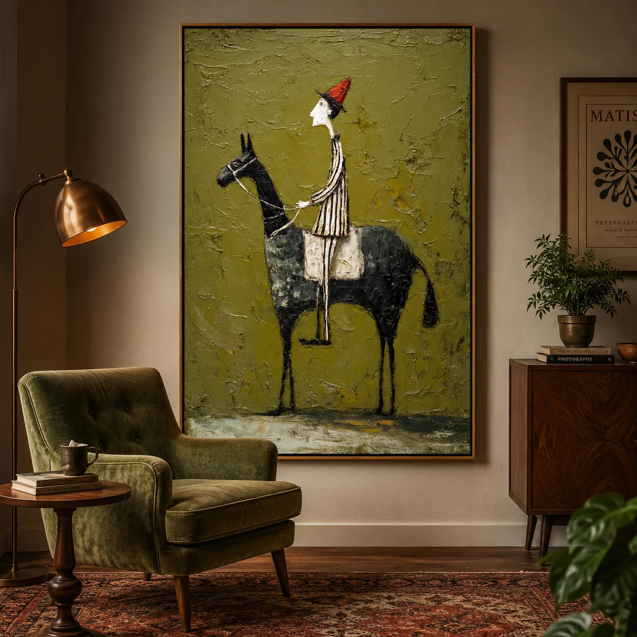 Whimsical Horse Rider Hand-Painted Oil Painting, Textured Green Wall Art for Eclectic Home Decor