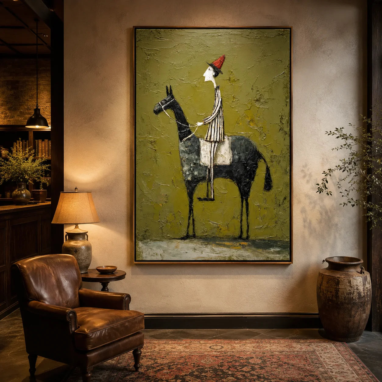 Whimsical Horse Rider Hand-Painted Oil Painting, Textured Green Wall Art for Eclectic Home Decor