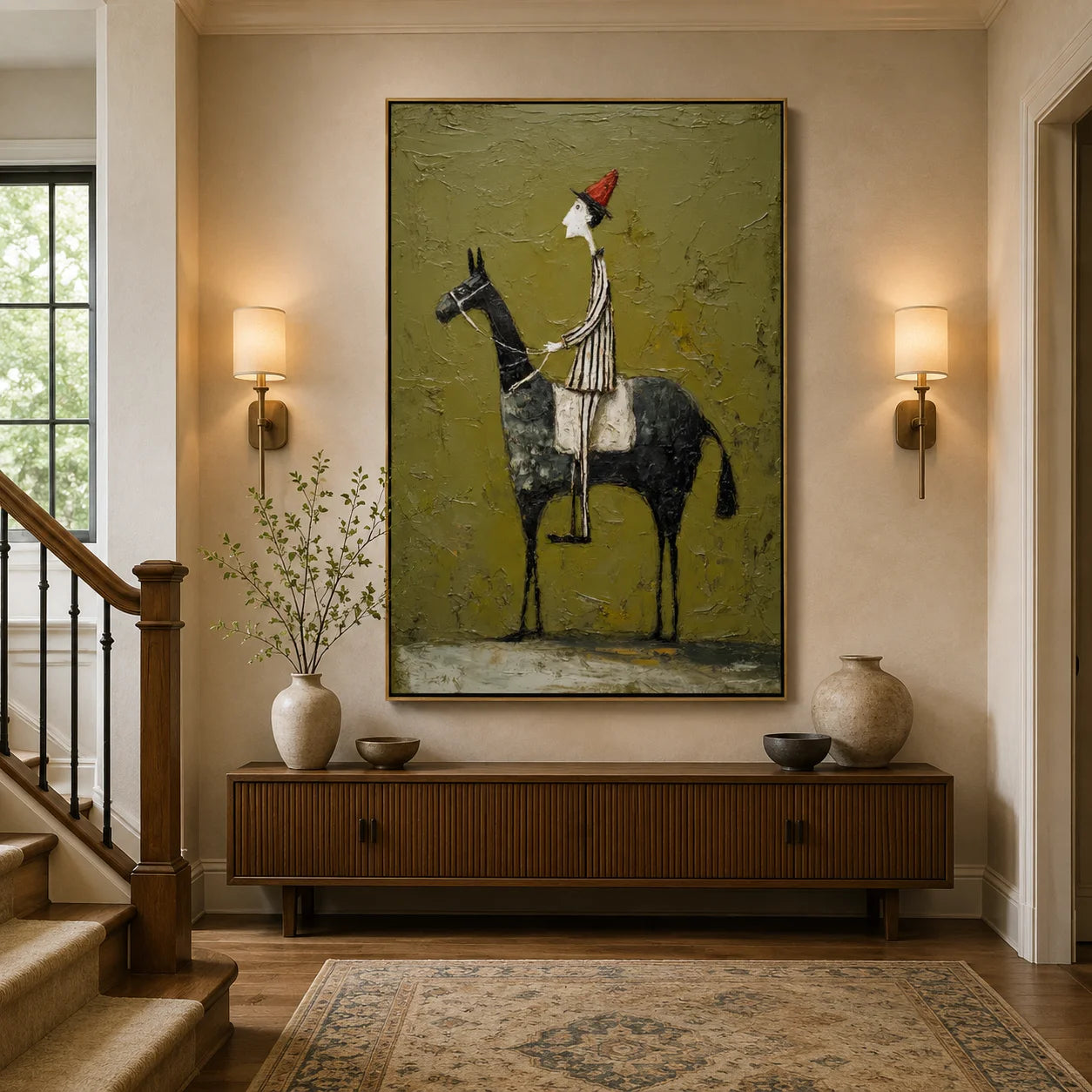 Whimsical Horse Rider Hand-Painted Oil Painting, Textured Green Wall Art for Eclectic Home Decor