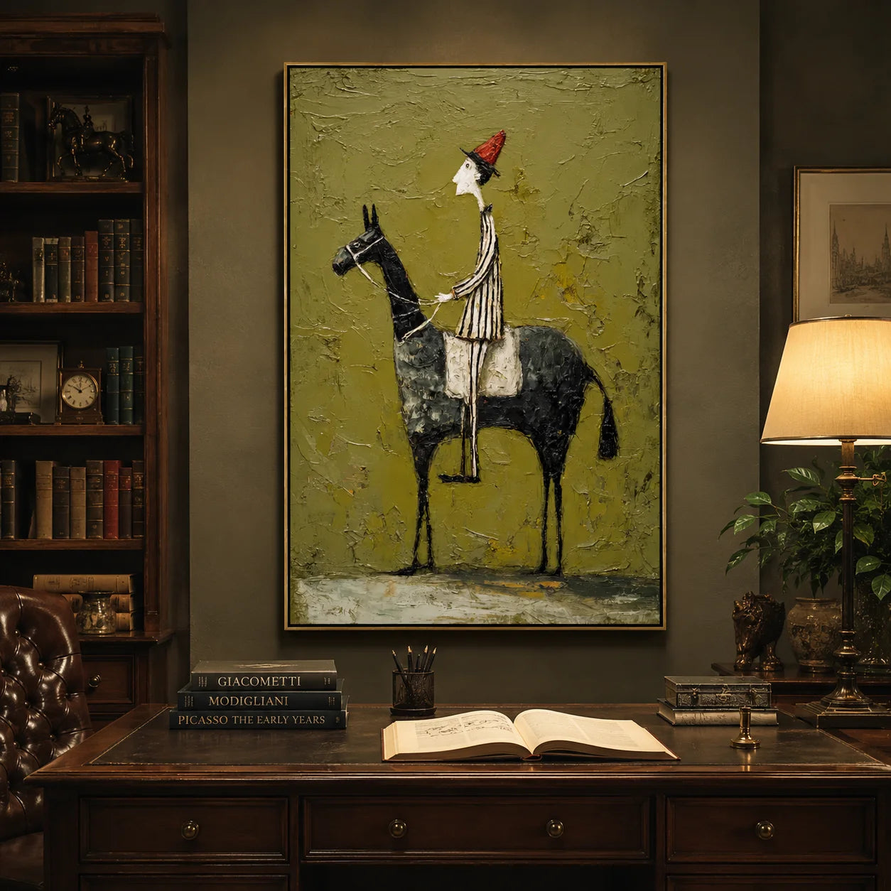Whimsical Horse Rider Hand-Painted Oil Painting, Textured Green Wall Art for Eclectic Home Decor