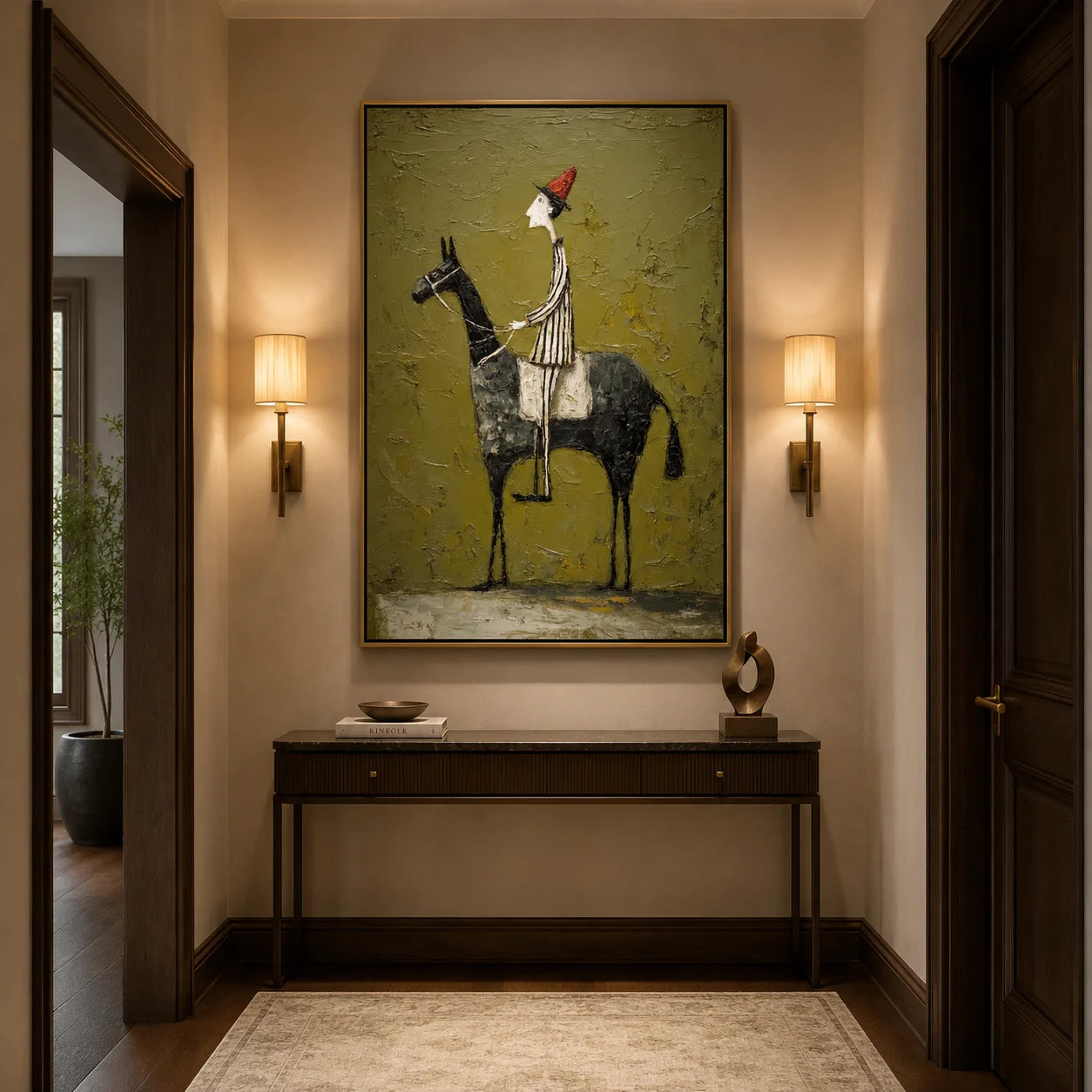 Whimsical Horse Rider Hand-Painted Oil Painting, Textured Green Wall Art for Eclectic Home Decor