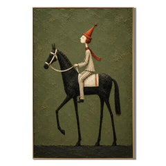 Whimsical Equestrian Horse Rider Oil Painting, Hand Painted Textured Black Horse Wall Art with Vintage Folk Style | Ownanart # OA 1406