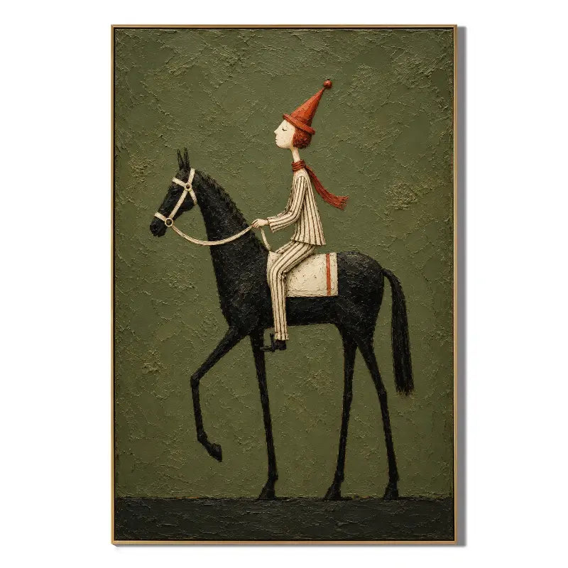 Whimsical Equestrian Horse Rider Oil Painting, Hand Painted Textured Black Horse Wall Art with Vintage Folk Style | Ownanart # OA 1406