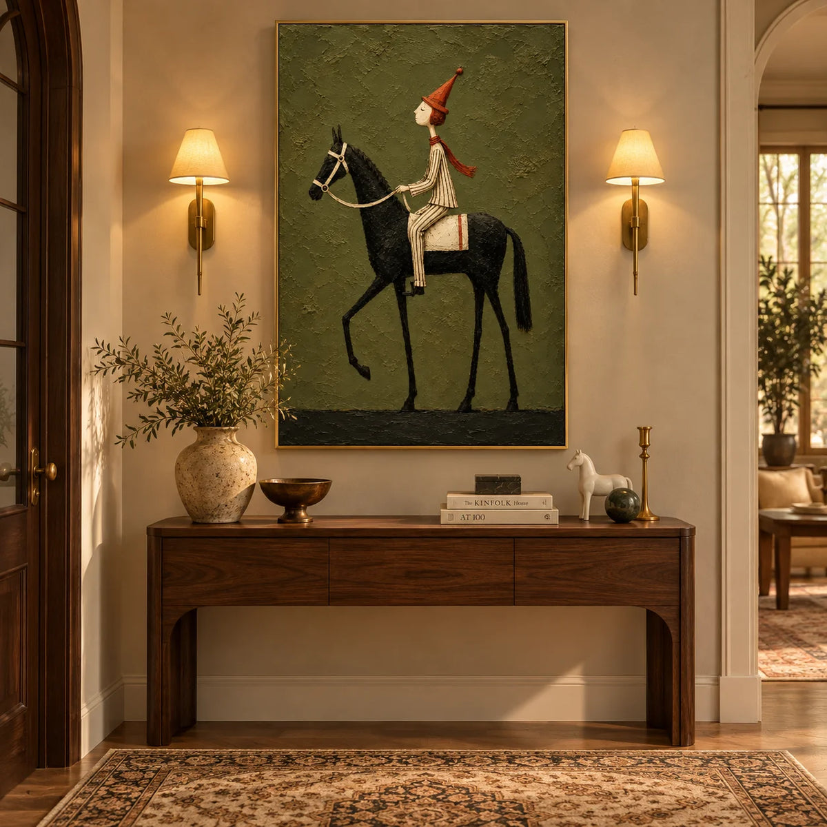 Whimsical Equestrian Horse Rider Oil Painting, Hand Painted Textured Black Horse Wall Art with Vintage Folk Style | Ownanart
