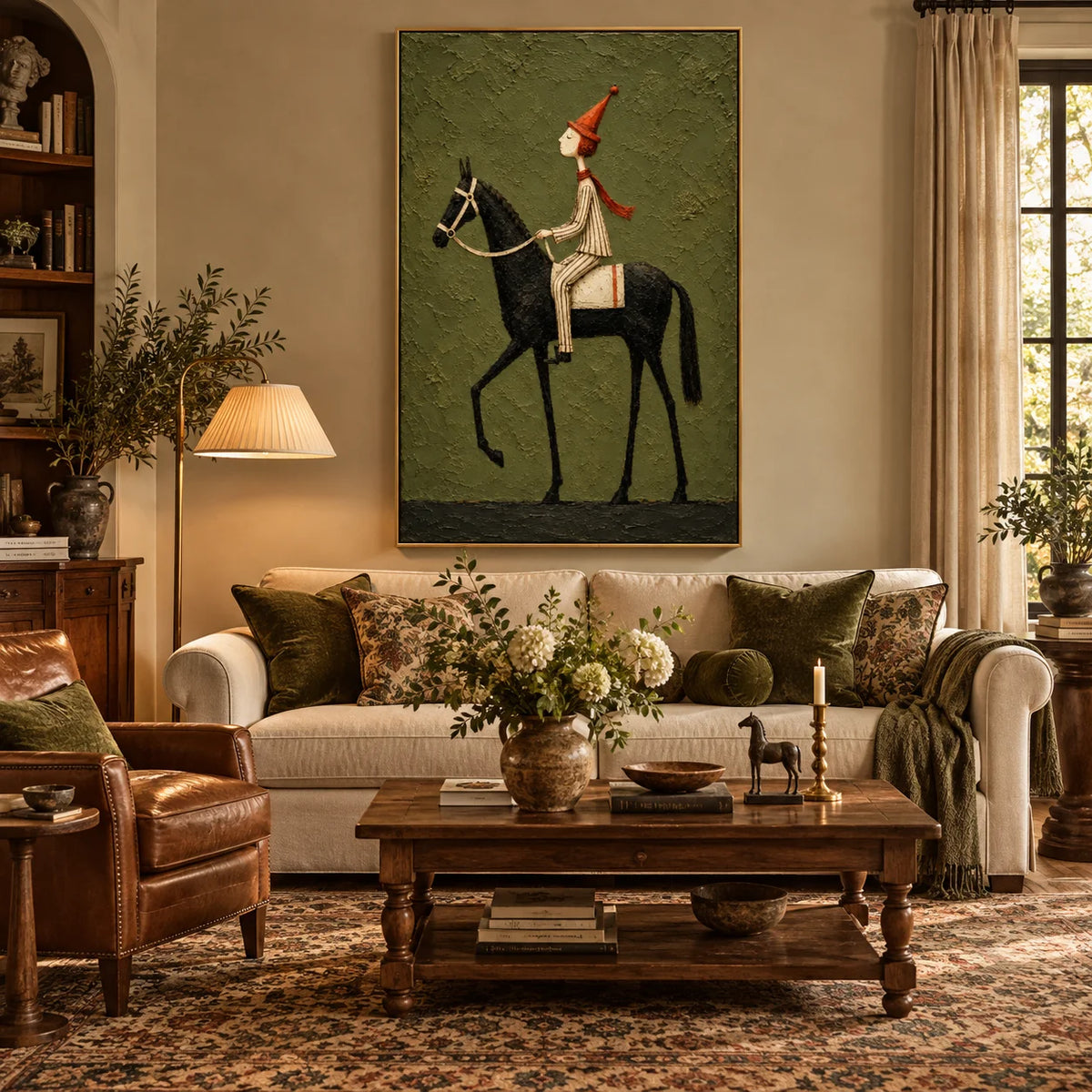 Whimsical Equestrian Horse Rider Oil Painting, Hand Painted Textured Black Horse Wall Art with Vintage Folk Style | Ownanart