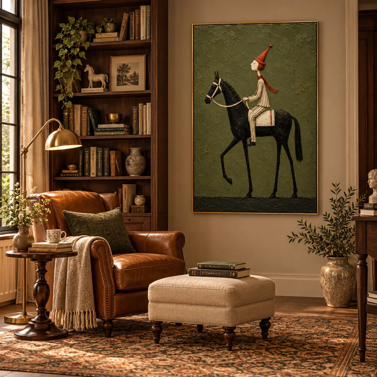 Whimsical Equestrian Horse Rider Oil Painting, Hand Painted Textured Black Horse Wall Art with Vintage Folk Style | Ownanart