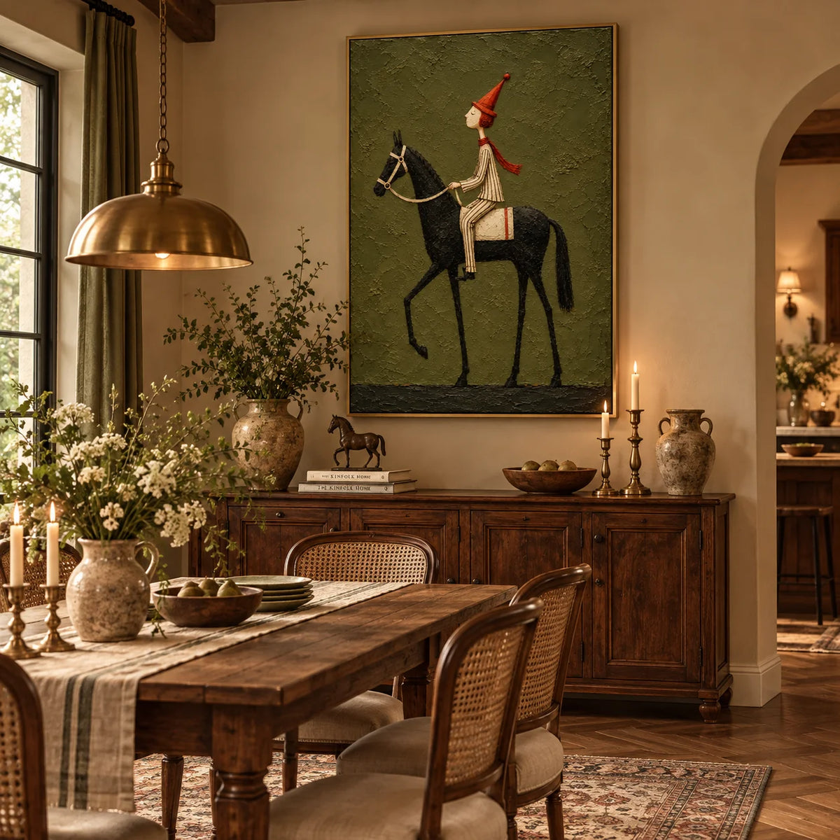 Whimsical Equestrian Horse Rider Oil Painting, Hand Painted Textured Black Horse Wall Art with Vintage Folk Style | Ownanart