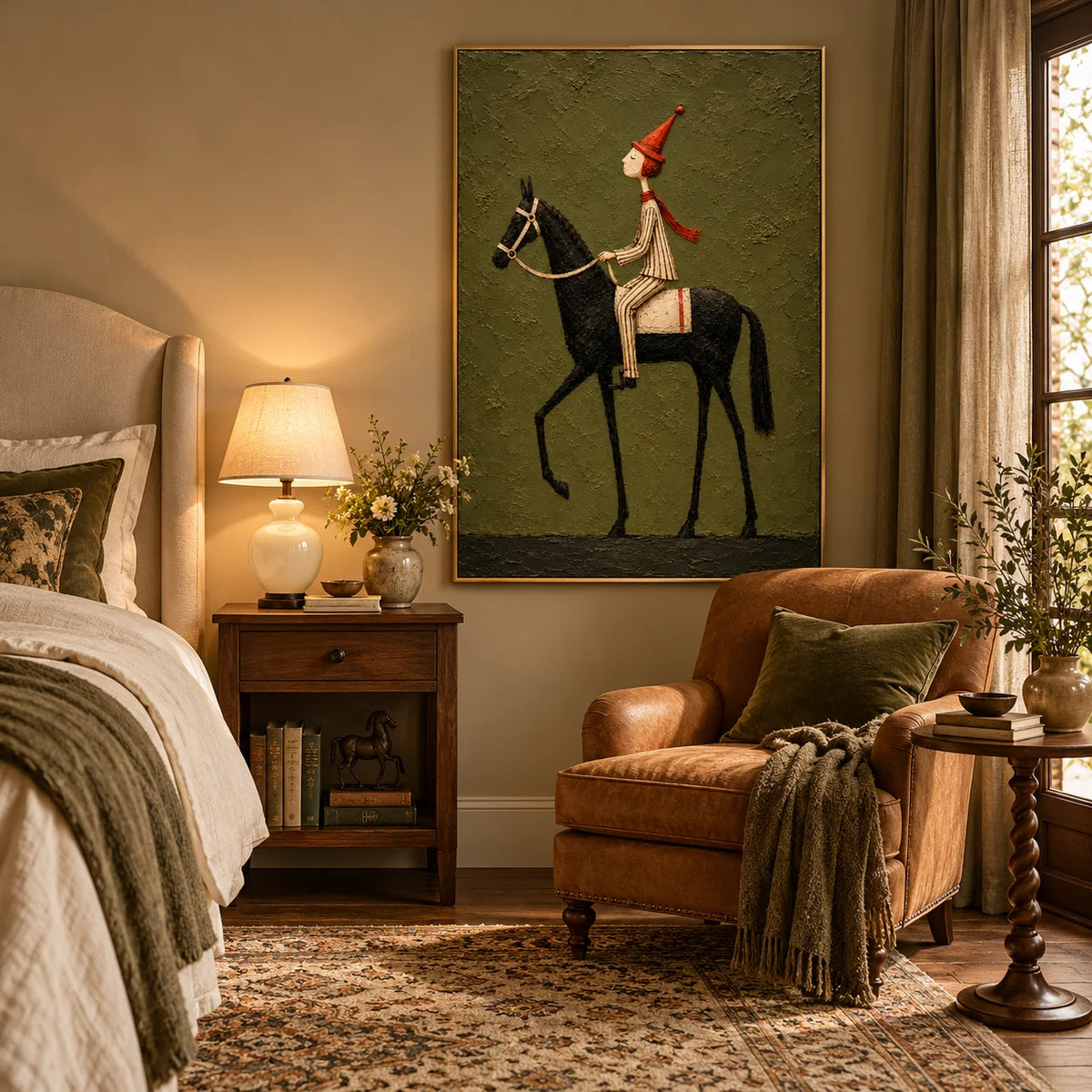 Whimsical Equestrian Horse Rider Oil Painting, Hand Painted Textured Black Horse Wall Art with Vintage Folk Style | Ownanart