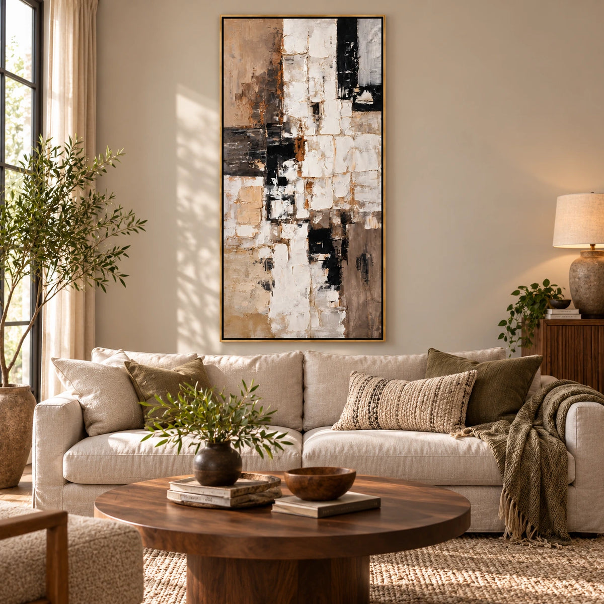 White Beige and Black Geometric Oil Painting | Layered Rectangles Tall Vertical Neutral Abstract Wall Art OA 1782