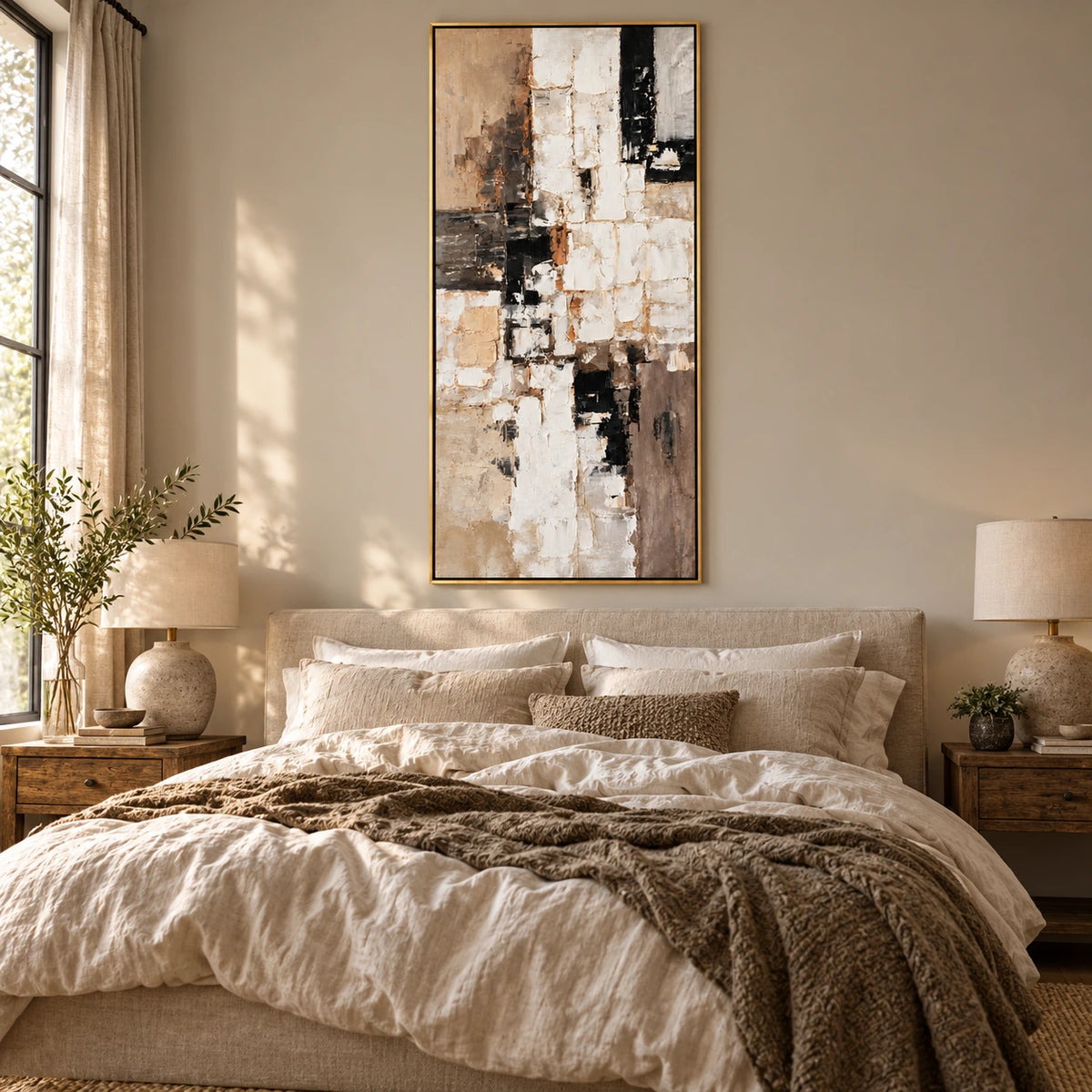 White Beige and Black Geometric Oil Painting | Layered Rectangles Tall Vertical Neutral Abstract Wall Art OA 1782
