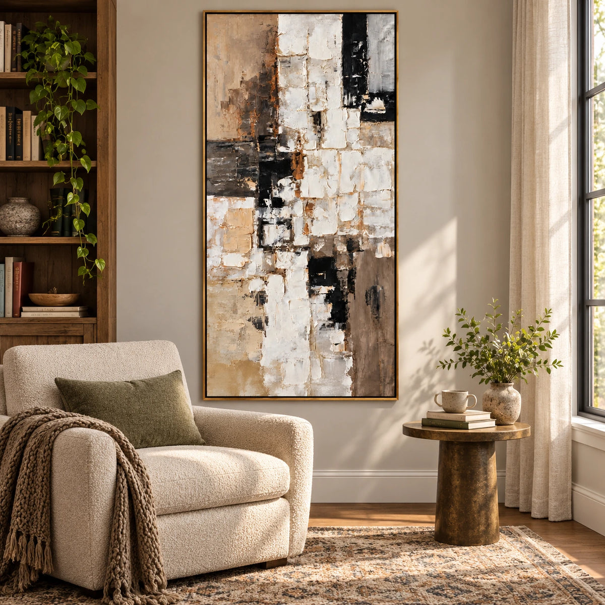 White Beige and Black Geometric Oil Painting | Layered Rectangles Tall Vertical Neutral Abstract Wall Art OA 1782