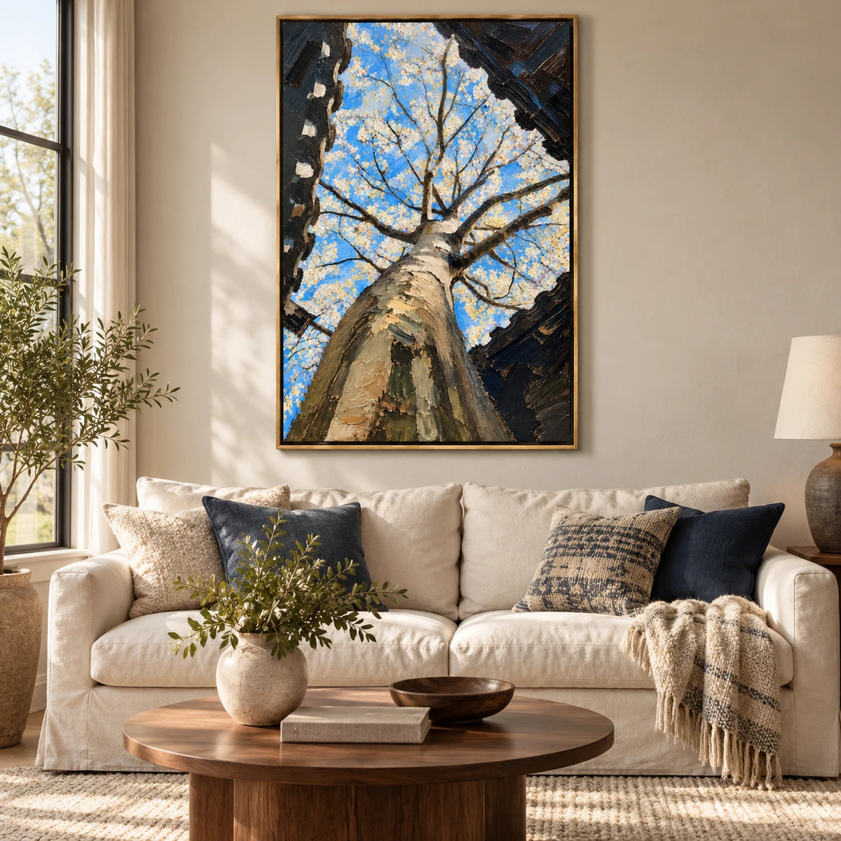 White Blossom Tree from Below Oil Painting | Blue Sky and Dark Branches Textured Botanical Vertical Wall Art #OA 1656
