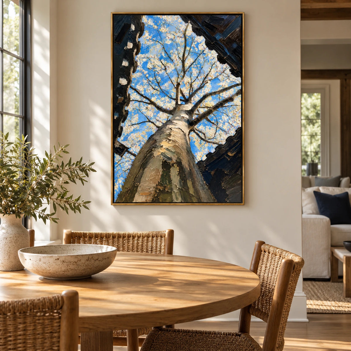White Blossom Tree from Below Oil Painting | Blue Sky and Dark Branches Textured Botanical Vertical Wall Art #OA 1656