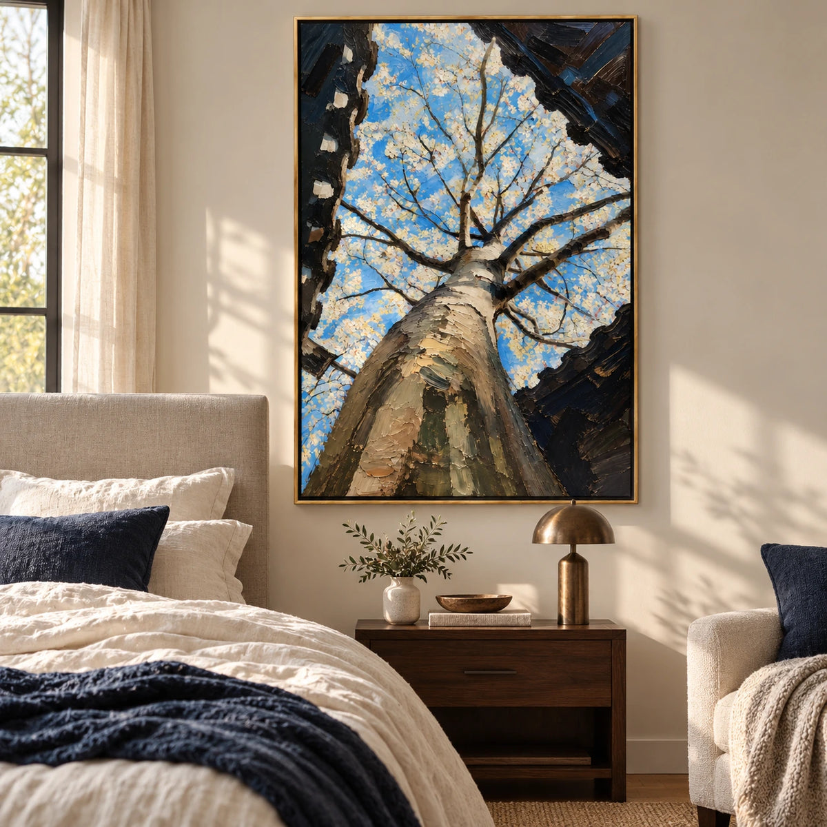 White Blossom Tree from Below Oil Painting | Blue Sky and Dark Branches Textured Botanical Vertical Wall Art #OA 1656