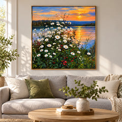 White Daisies by Sunset Lake Oil Painting | Orange Sky Blue Water and Wildflower Meadow Square Landscape Wall Art #OA 1718