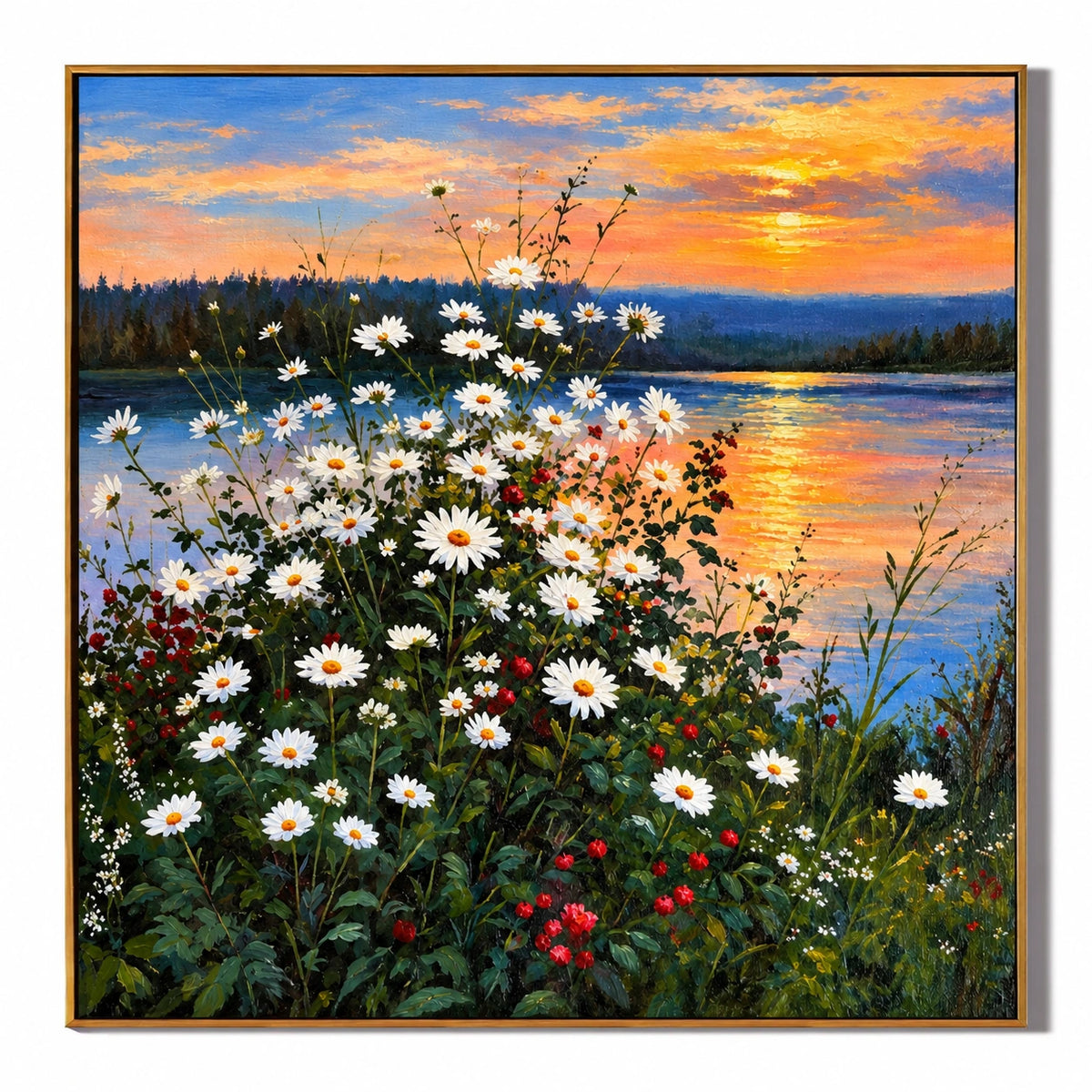 White Daisies by Sunset Lake Oil Painting | Orange Sky Blue Water and Wildflower Meadow Square Landscape Wall Art #OA 1718