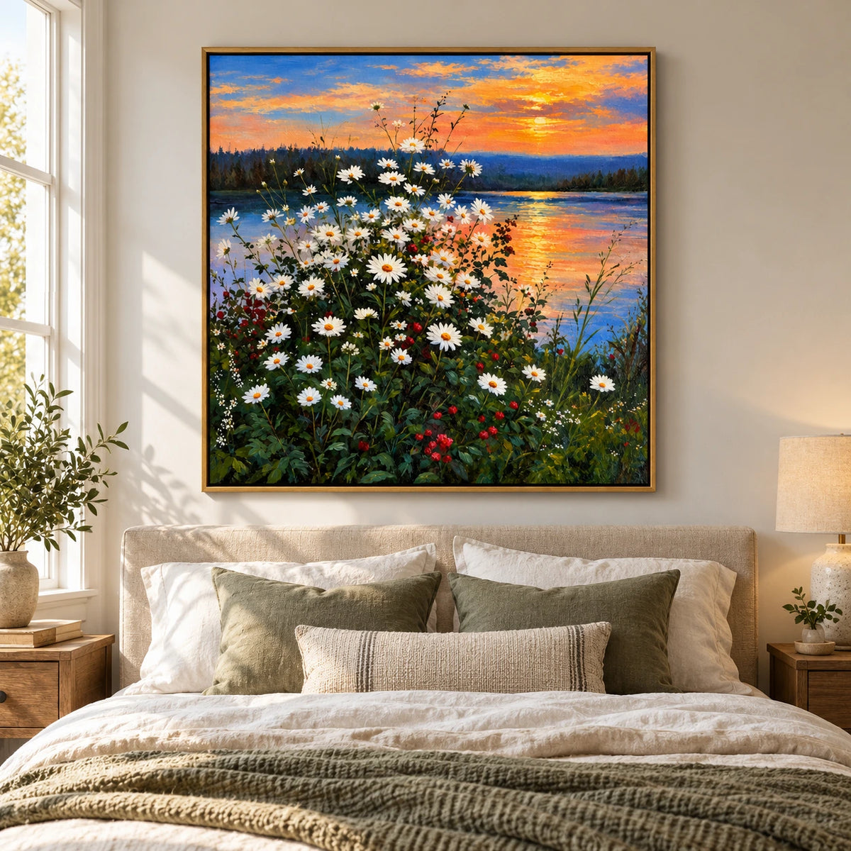 White Daisies by Sunset Lake Oil Painting | Orange Sky Blue Water and Wildflower Meadow Square Landscape Wall Art #OA 1718