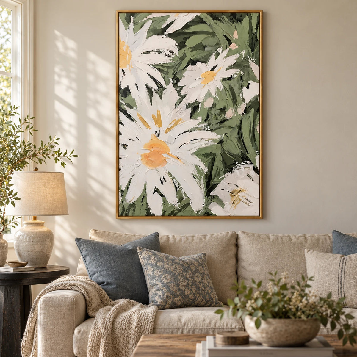 White Daisy Flowers Oil Painting | Yellow Centers and Sage Green Leaves Vertical Textured Floral Wall Art #OA 1823
