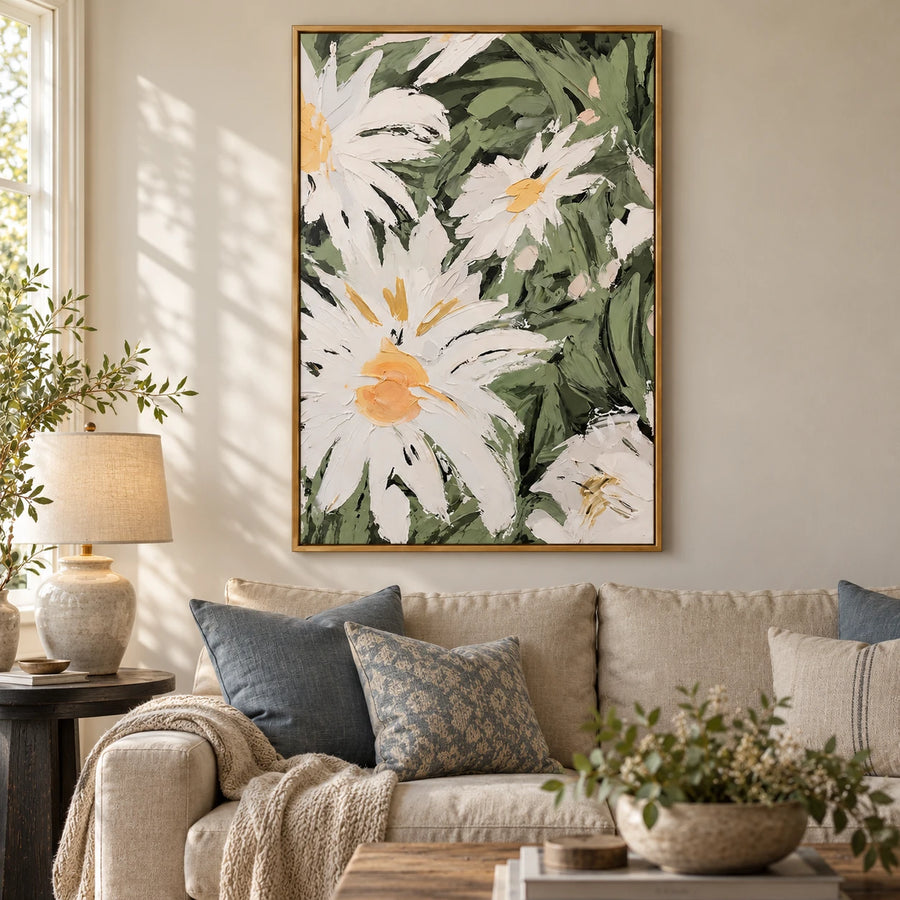 White Daisy Flowers Oil Painting | Yellow Centers and Sage Green Leaves Vertical Textured Floral Wall Art #OA 1823