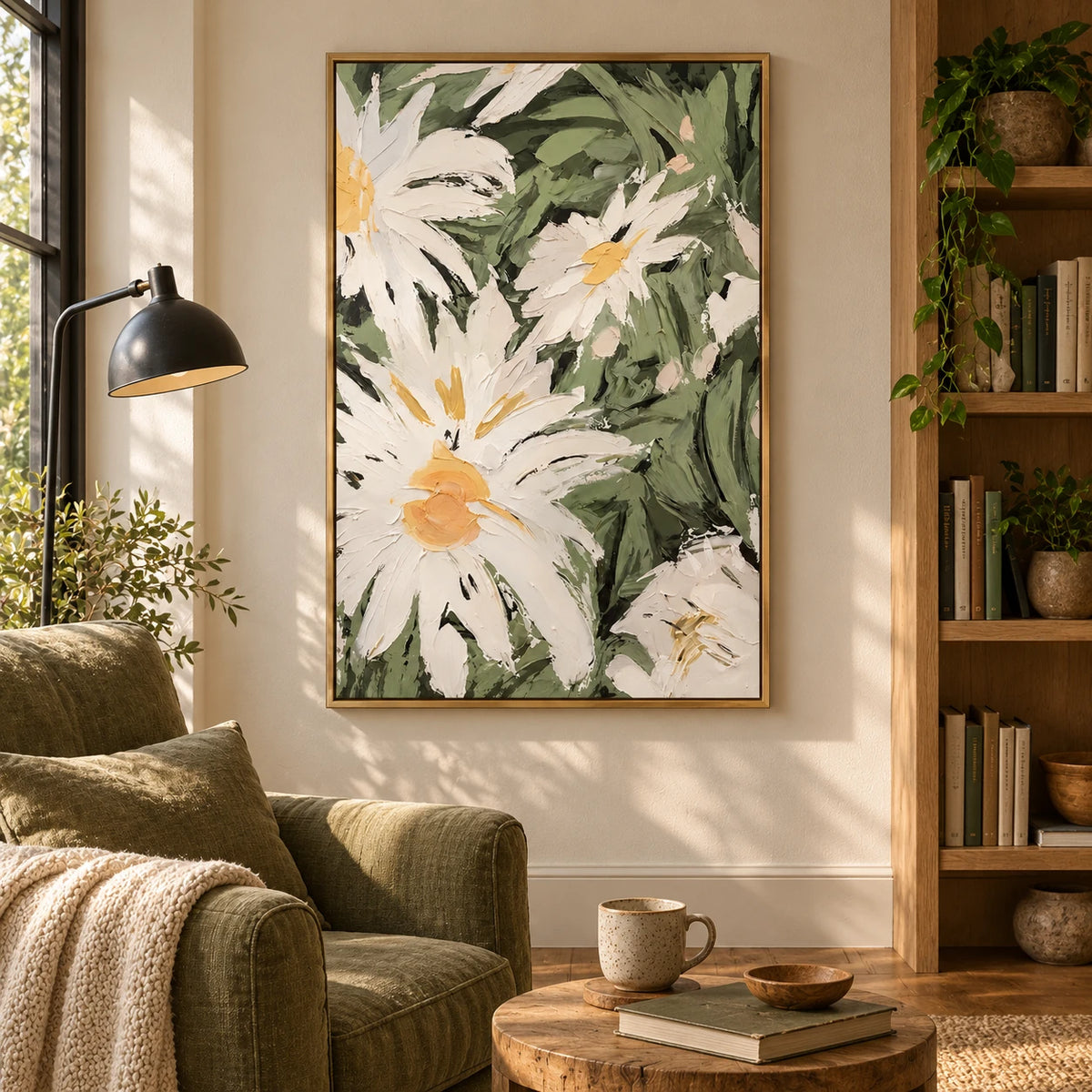 White Daisy Flowers Oil Painting | Yellow Centers and Sage Green Leaves Vertical Textured Floral Wall Art #OA 1823