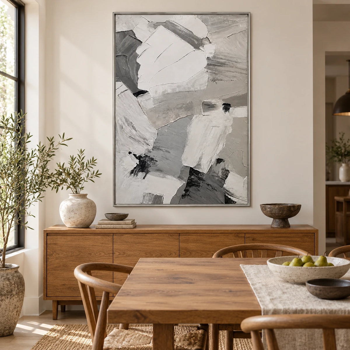 White Grey and Black Abstract Oil Painting | Broad Broken Brushstrokes Vertical Neutral Textured Wall Art OA 1799