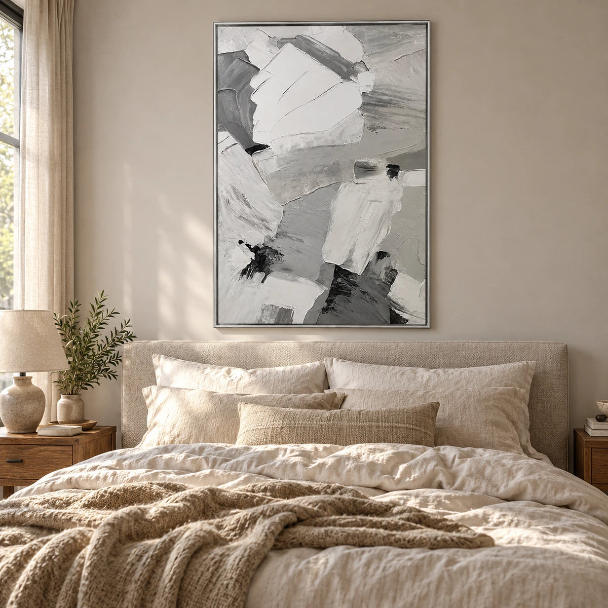White Grey and Black Abstract Oil Painting | Broad Broken Brushstrokes Vertical Neutral Textured Wall Art OA 1799