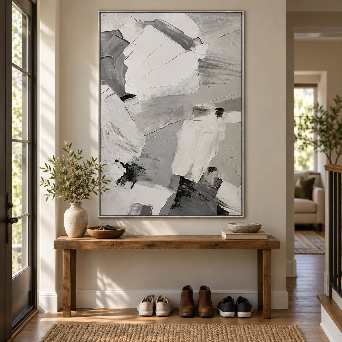 White Grey and Black Abstract Oil Painting | Broad Broken Brushstrokes Vertical Neutral Textured Wall Art OA 1799