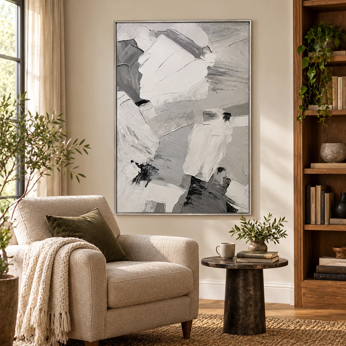 White Grey and Black Abstract Oil Painting | Broad Broken Brushstrokes Vertical Neutral Textured Wall Art OA 1799