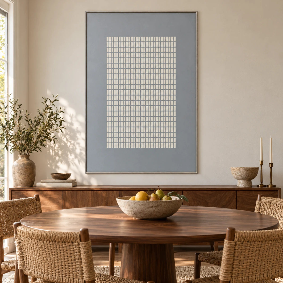 White Grid on Grey Oil Painting | Repeated Raised Rectangles Vertical Minimalist Geometric Canvas Wall Art #OA 1832