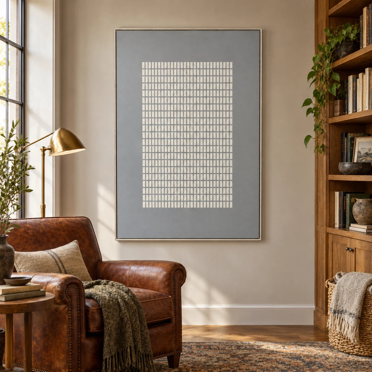 White Grid on Grey Oil Painting | Repeated Raised Rectangles Vertical Minimalist Geometric Canvas Wall Art #OA 1832