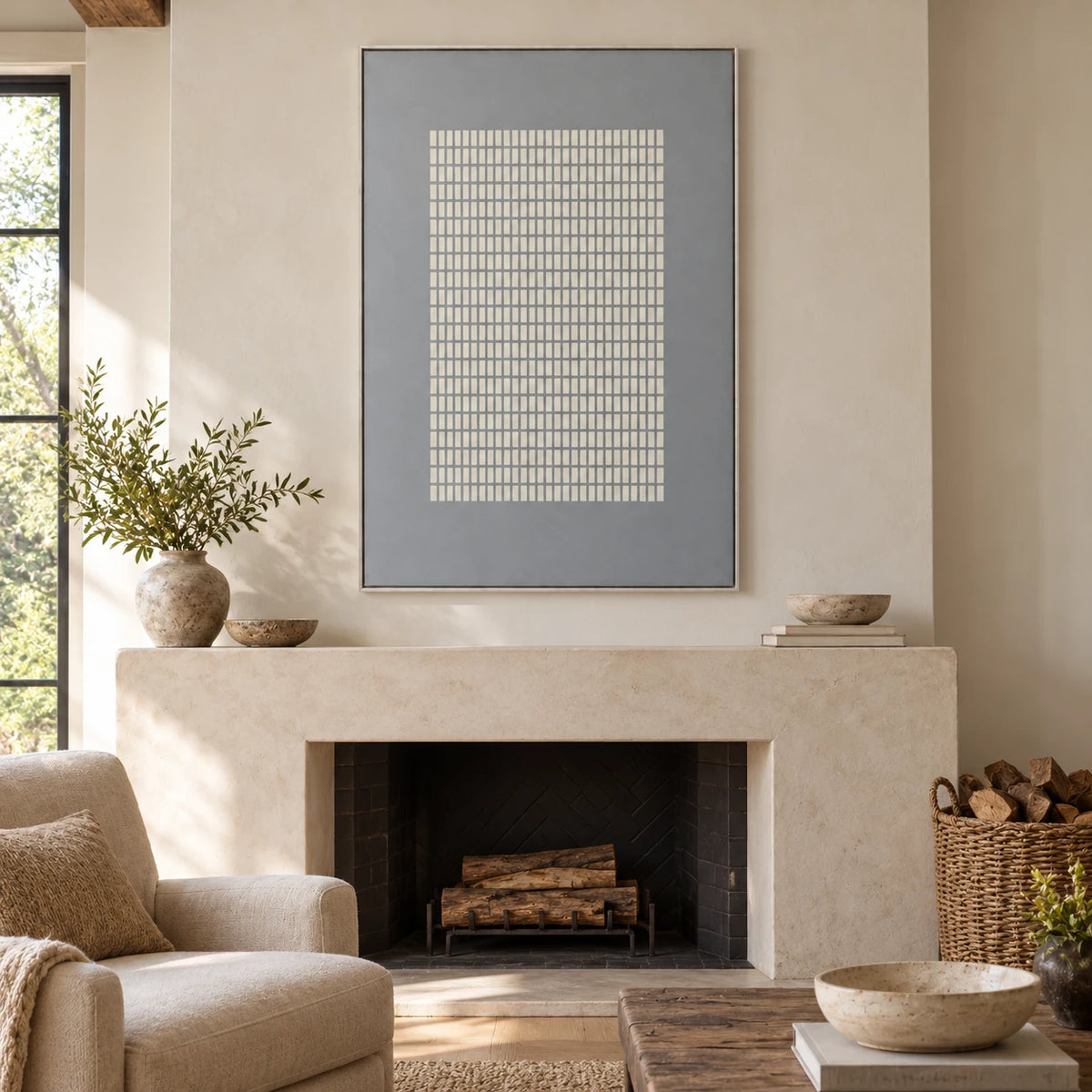 White Grid on Grey Oil Painting | Repeated Raised Rectangles Vertical Minimalist Geometric Canvas Wall Art #OA 1832