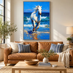 White Horse Running Through Ocean Surf Oil Painting | Blue Seaside Equestrian Textured Vertical Wall Art #OA 1676