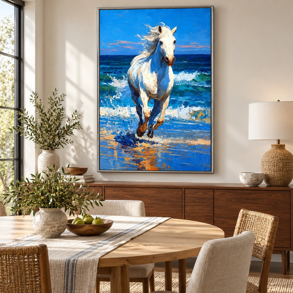 White Horse Running Through Ocean Surf Oil Painting | Blue Seaside Equestrian Textured Vertical Wall Art OA 1676