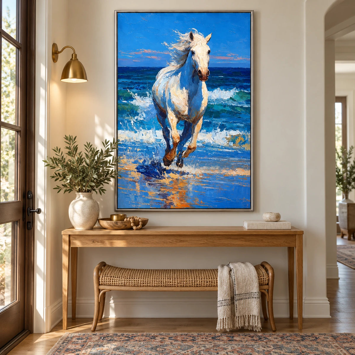 White Horse Running Through Ocean Surf Oil Painting | Blue Seaside Equestrian Textured Vertical Wall Art OA 1676