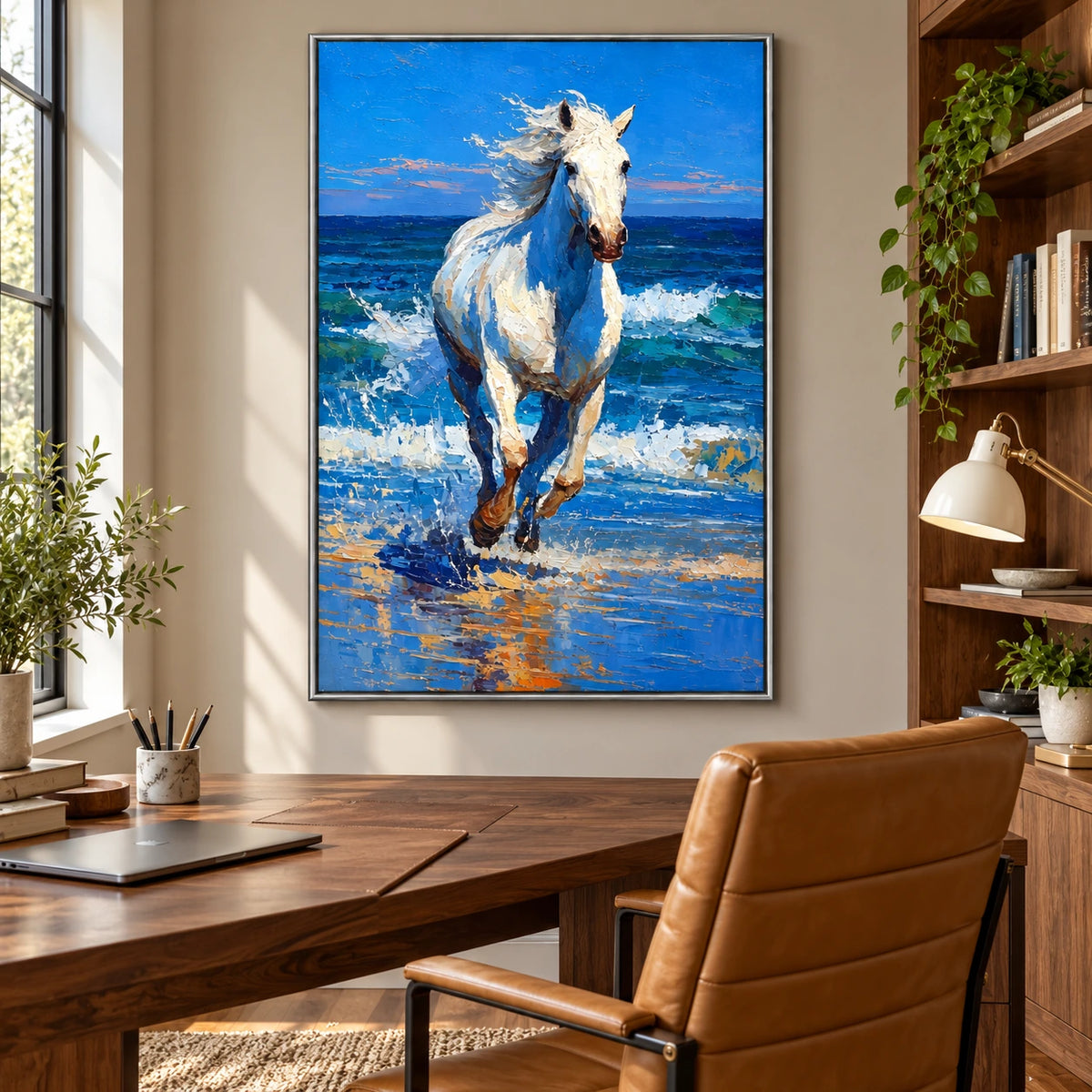White Horse Running Through Ocean Surf Oil Painting | Blue Seaside Equestrian Textured Vertical Wall Art OA 1676