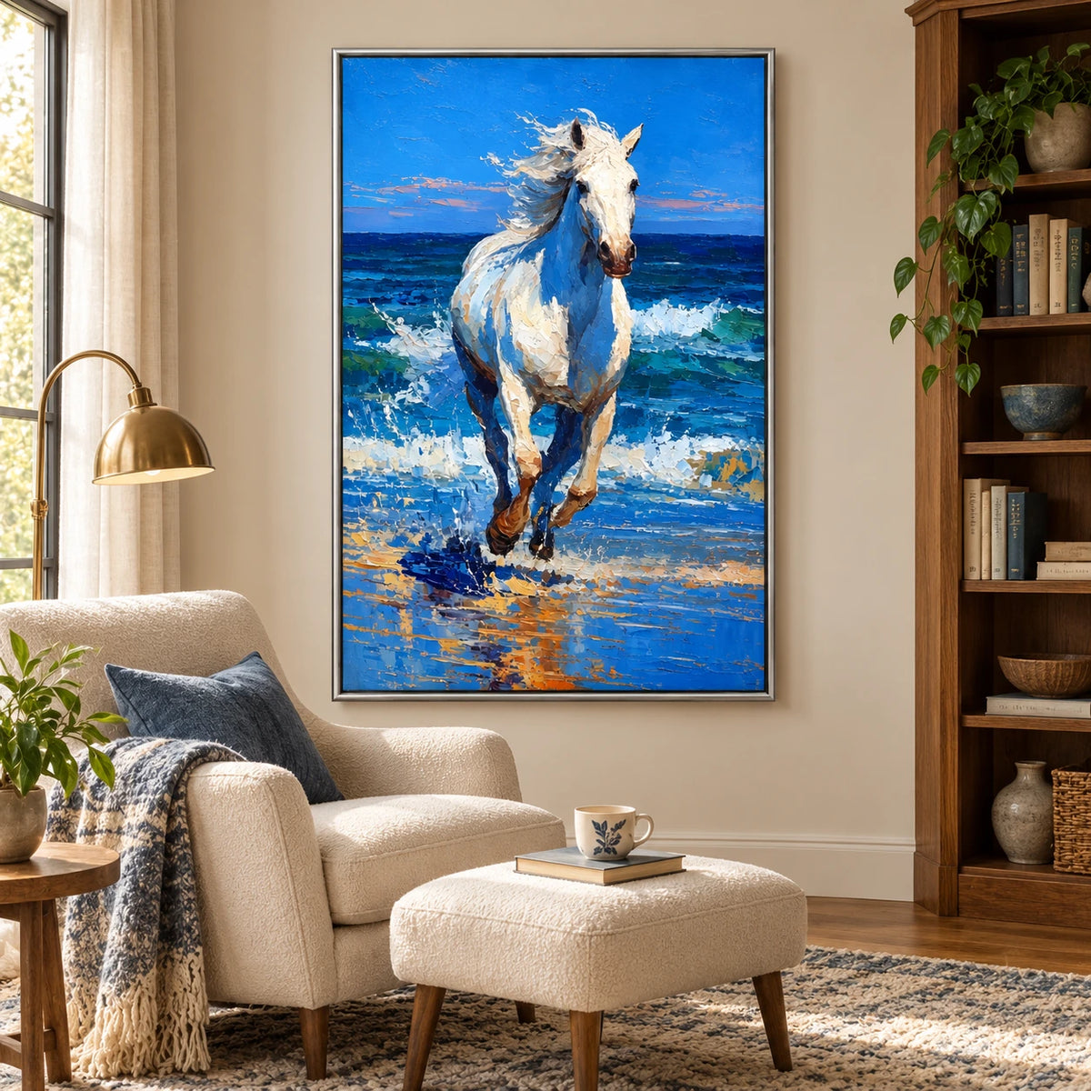 White Horse Running Through Ocean Surf Oil Painting | Blue Seaside Equestrian Textured Vertical Wall Art OA 1676