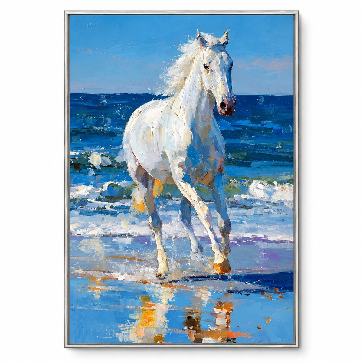 White Horse on Blue Ocean Beach Oil Painting | Textured Coastal Equestrian Vertical Wall Art #OA 1643